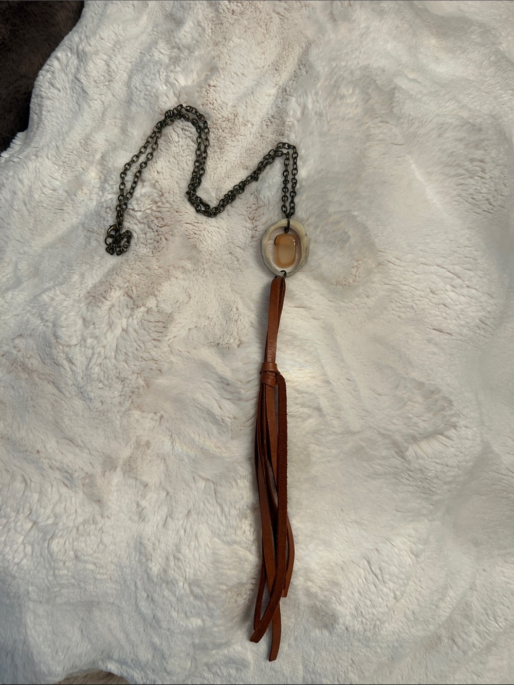 Leather Tassel Pendant Necklace with Brown Fringe Antler bone